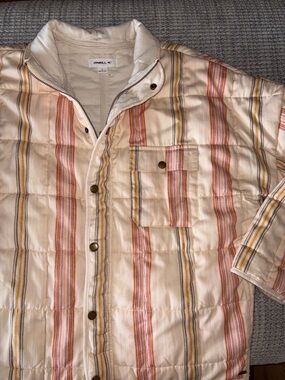 O'Neill Cream Quilted Puffer Jacket with Yellow & Pink Stripes